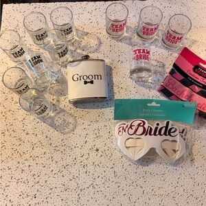 Bride & Groom Bachelorette Party Glasses and Flask Set - White and Pink